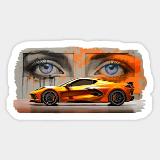 Amplify Orange C8 Corvette Stingray Sebring Orange Supercar in front of a wall of graffiti with blue eyes looking back at you Sports car American Muscle car race car Sticker